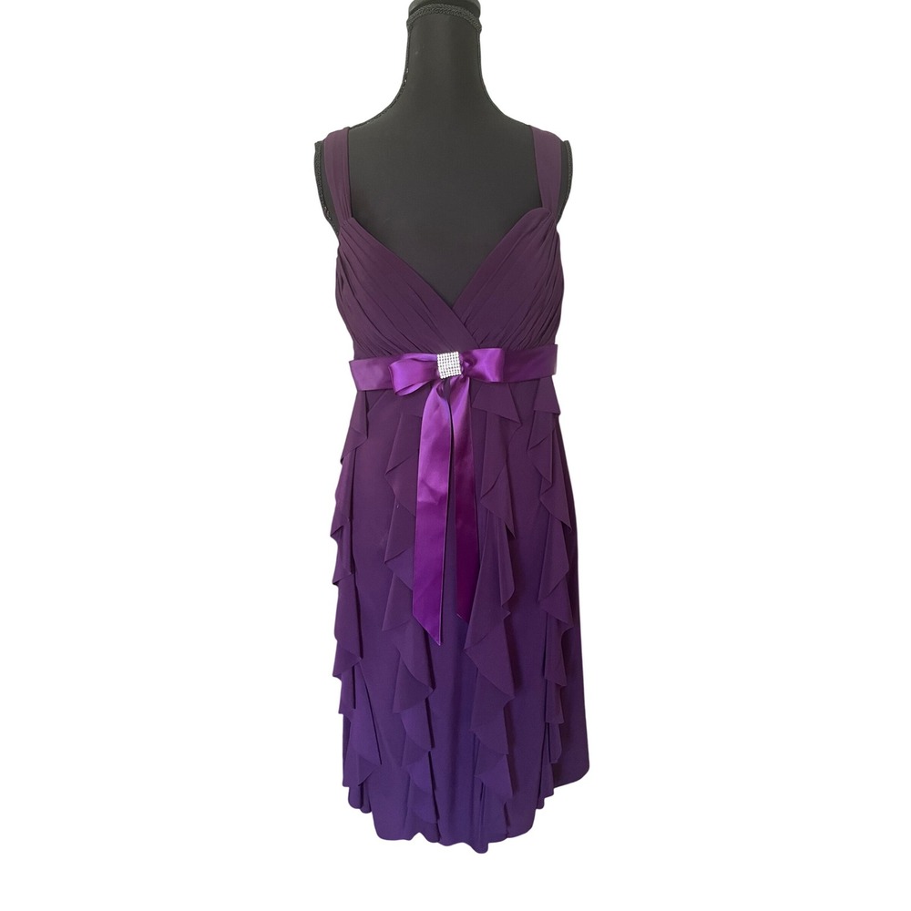 DJ-JAZ Purple Tiered Ruffle Cocktail Dress Rhinestone Bow Accent‎ Size 16